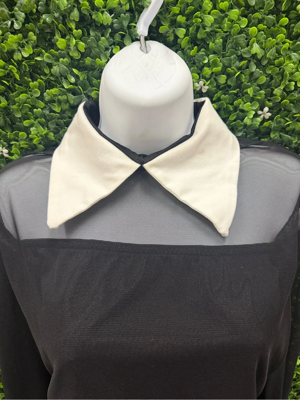 Black Sheer Dance Bodysuit with Cream Collar and Cuffs and Red Skirt